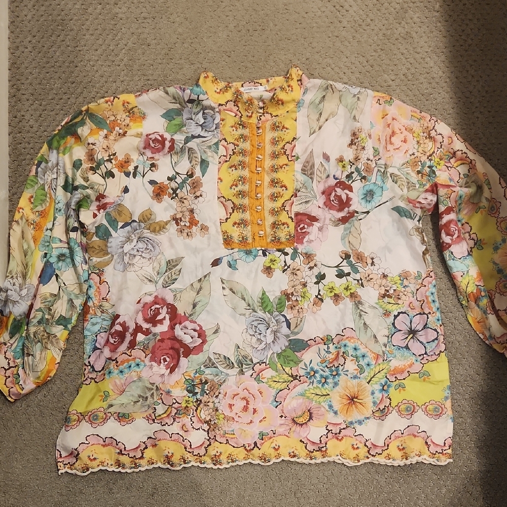 NEW Johnny Was 100% Silk Multicolor Floral Tunic with Yellow Placket NEW XXL
